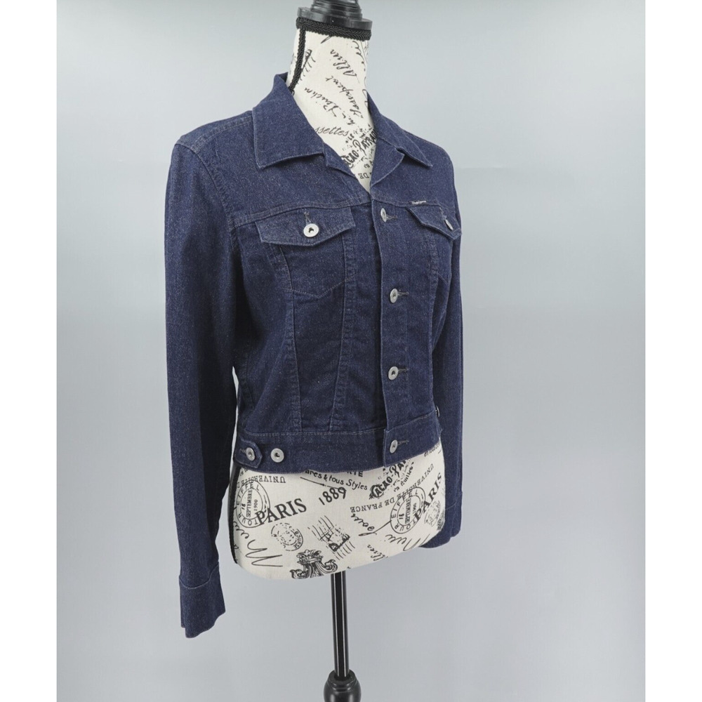 Y2K Pepe Jeans London Cropped Jacket Womens Medium Blue Metallic Thread Sparkle
